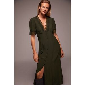 Zara Button Front Lace Trim Midi Maxi Long Dress Dark Green Romantic Size S